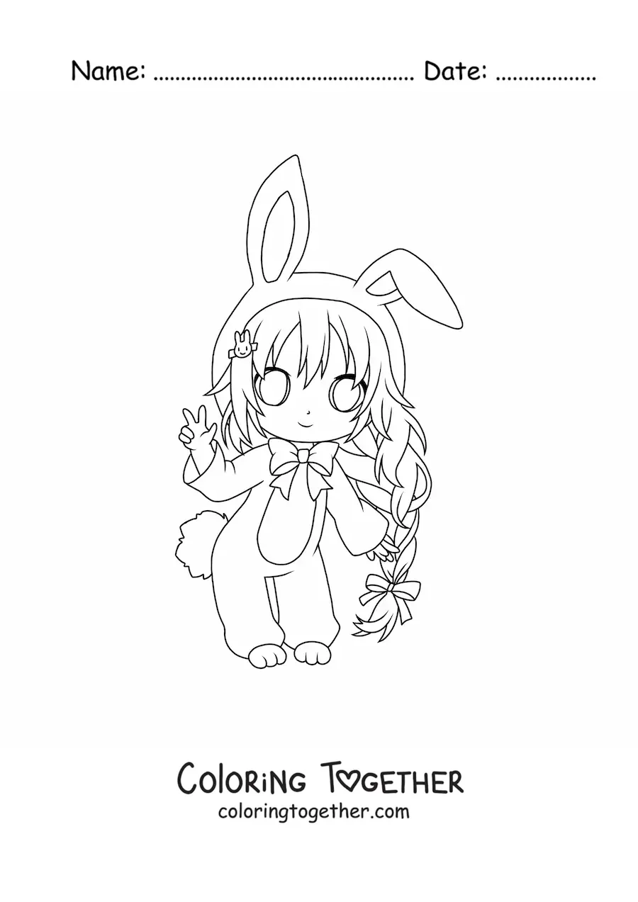 Coloring page of a chibi girl in an Easter bunny costume