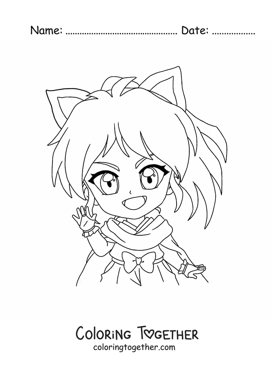 Coloring page of a chibi girl with cat ears and big eyes