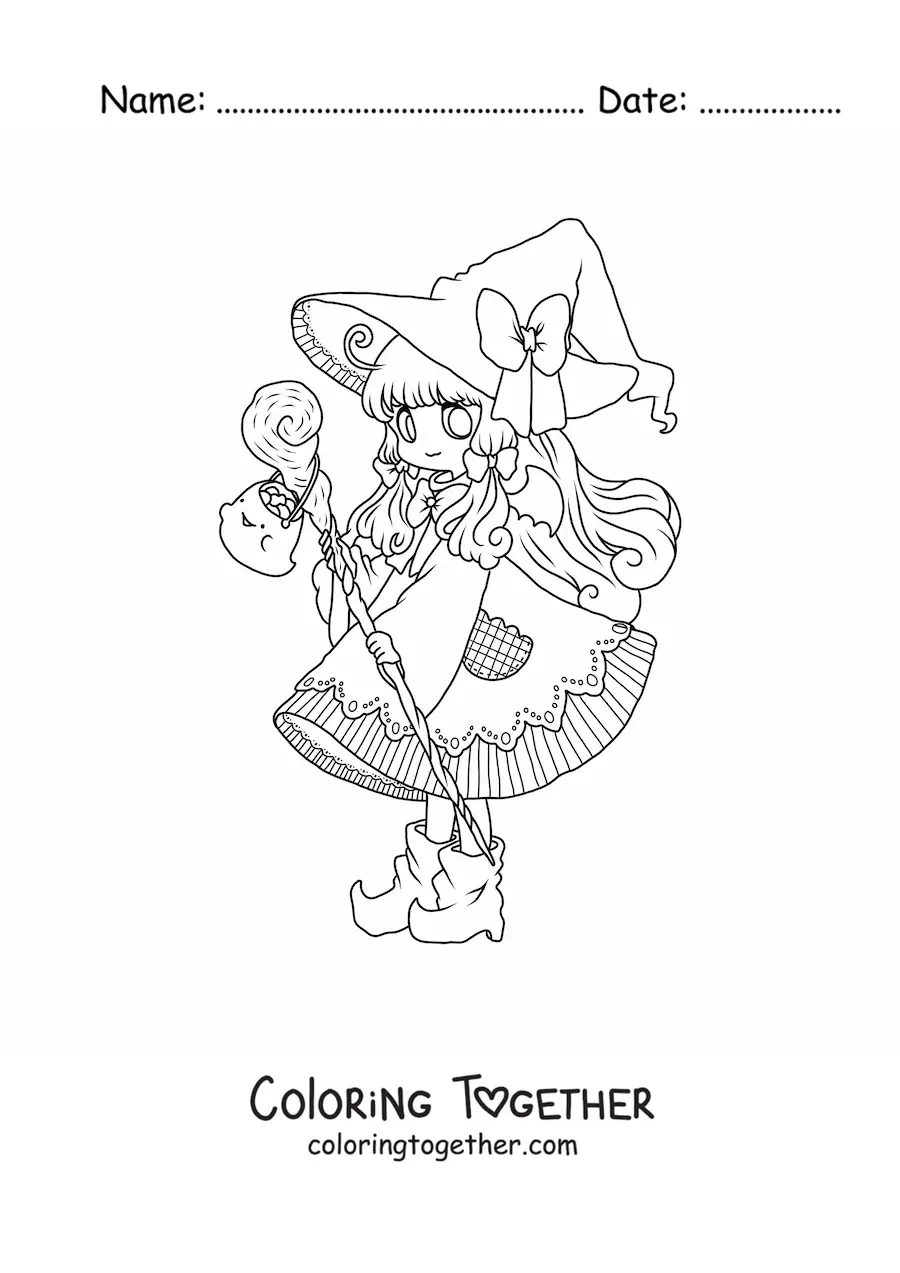 Coloring page of a chibi girl in a witch costume on Halloween
