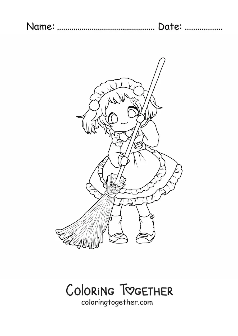 Coloring page of a chibi girl sweeping