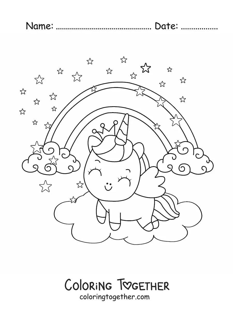 Coloring page of a kawaii cartoon unicorn with a rainbow