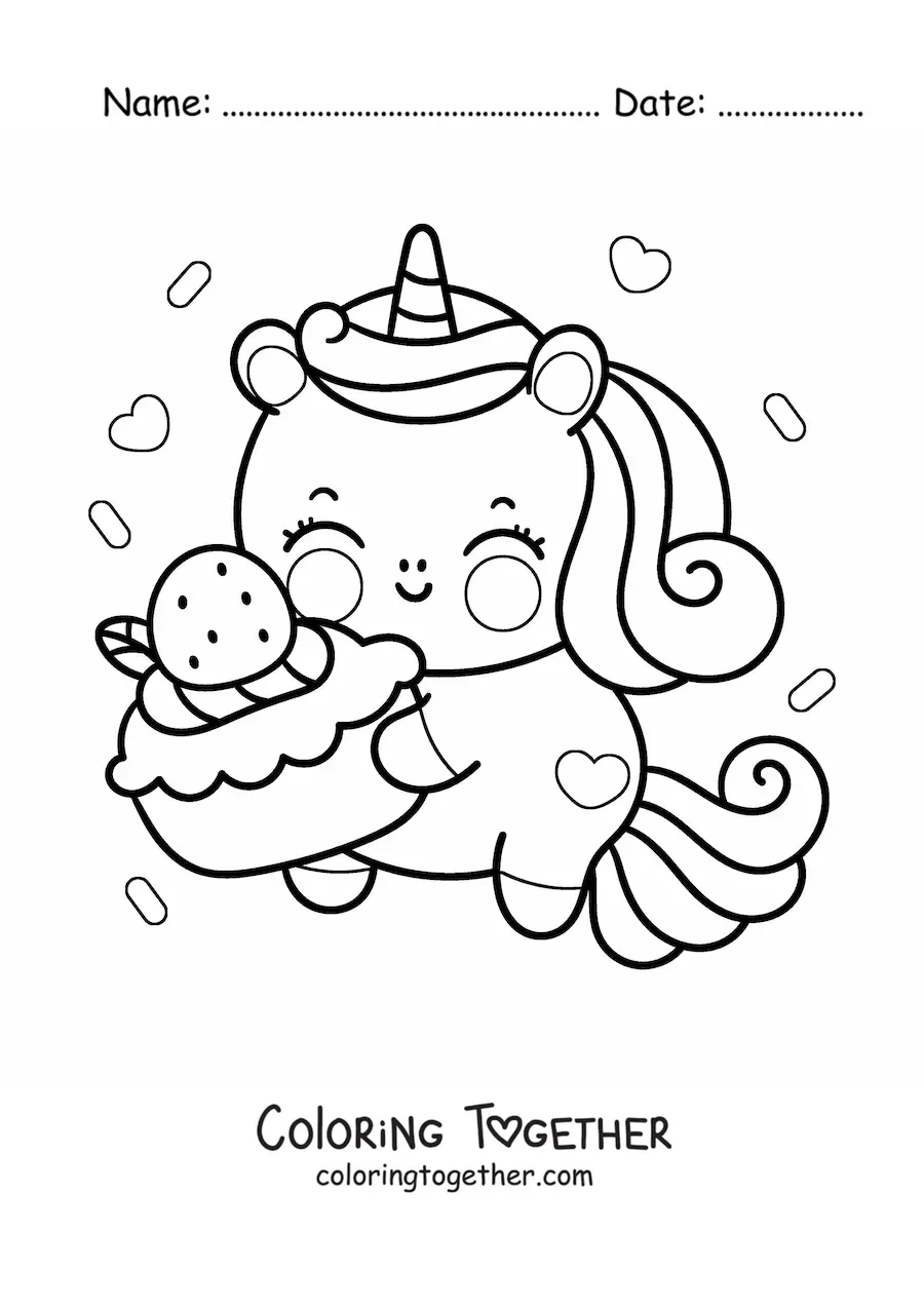 Coloring page of a kawaii cartoon unicorn with a strawberry cake