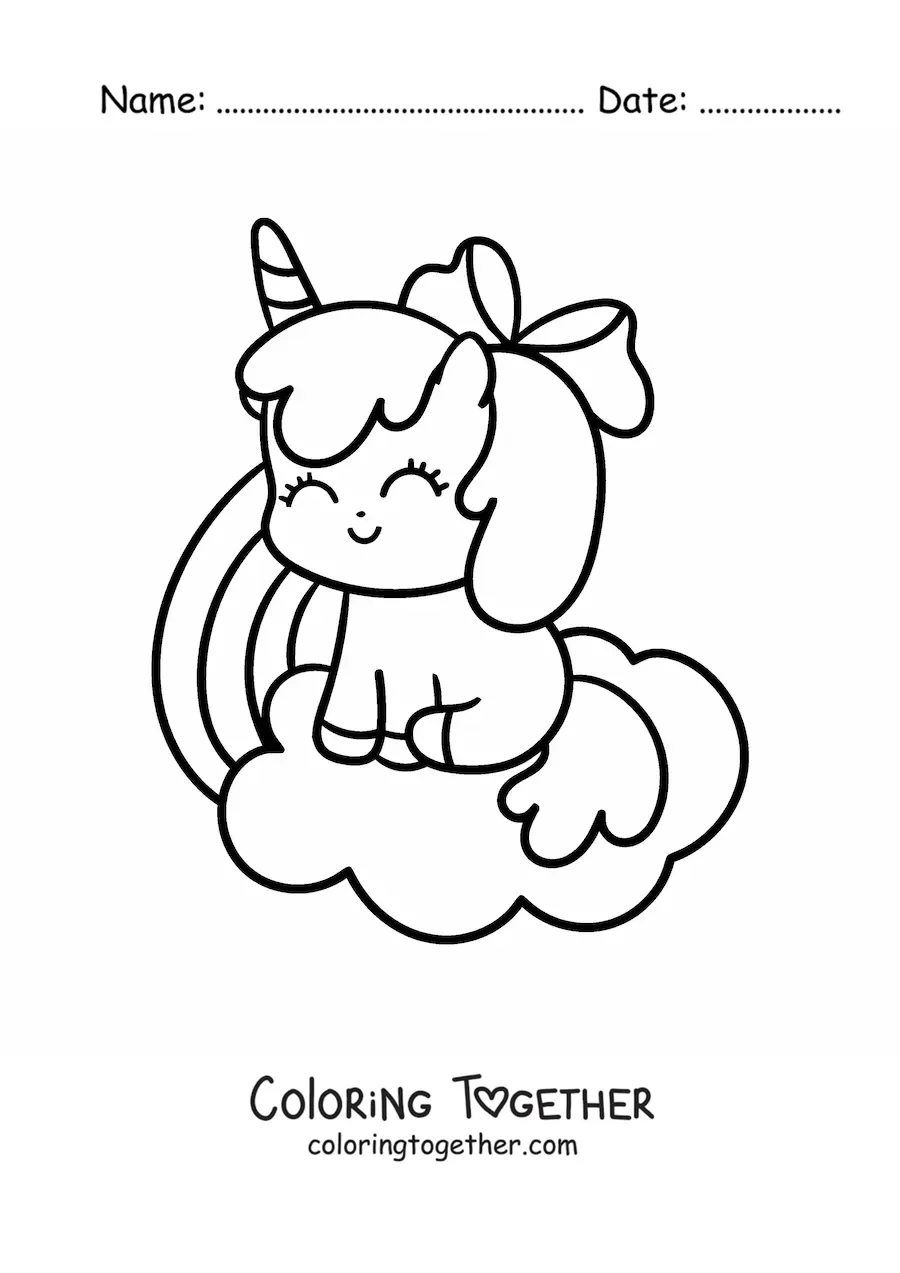 Coloring page of a kawaii cartoon unicorn sitting on a cloud with a rainbow