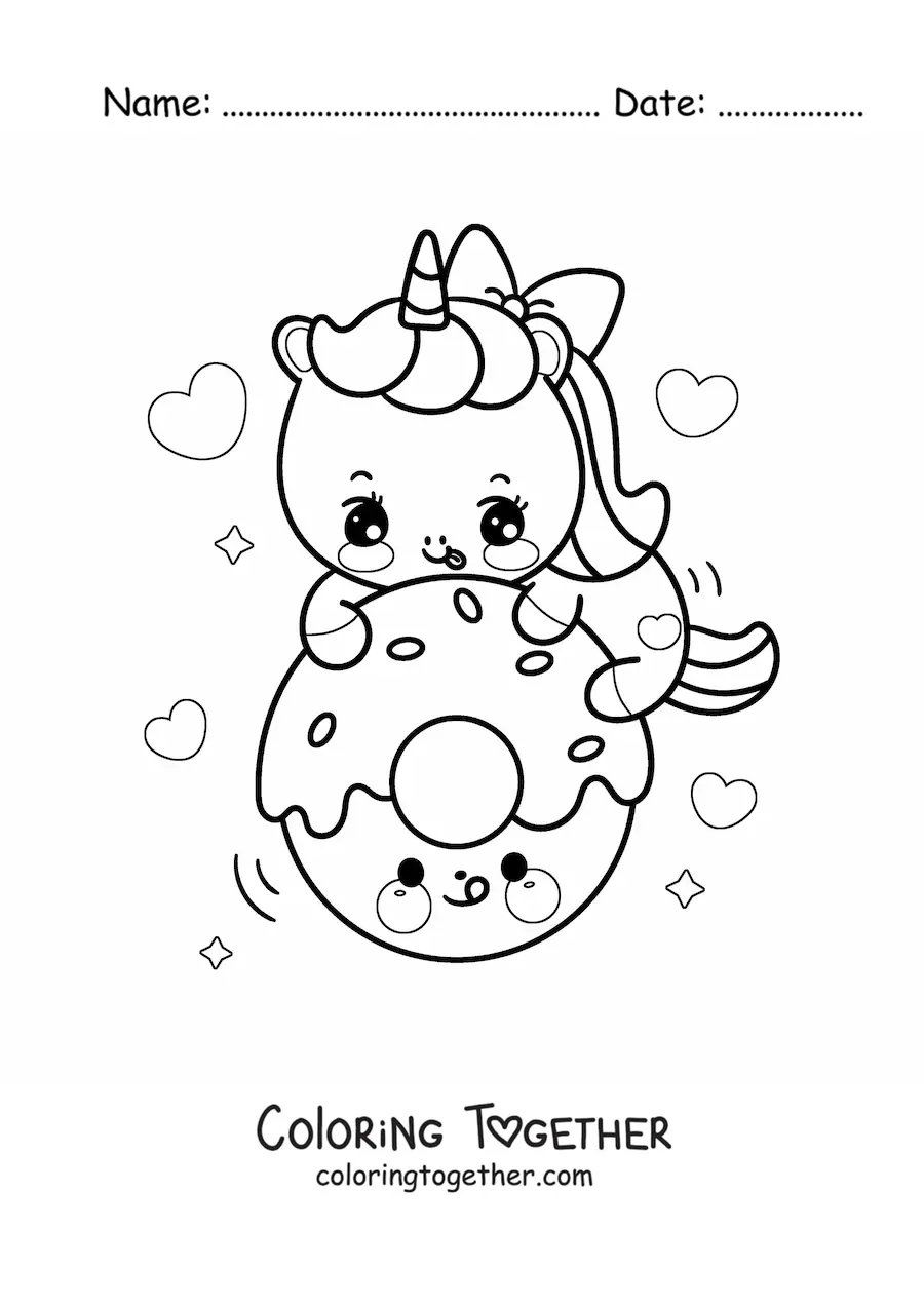 Coloring page of a kawaii unicorn with a cartoon donut