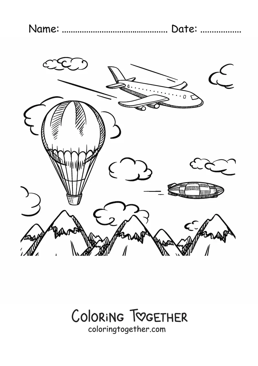 Coloring page of a plane flying with a hot air balloon and mountains in the background