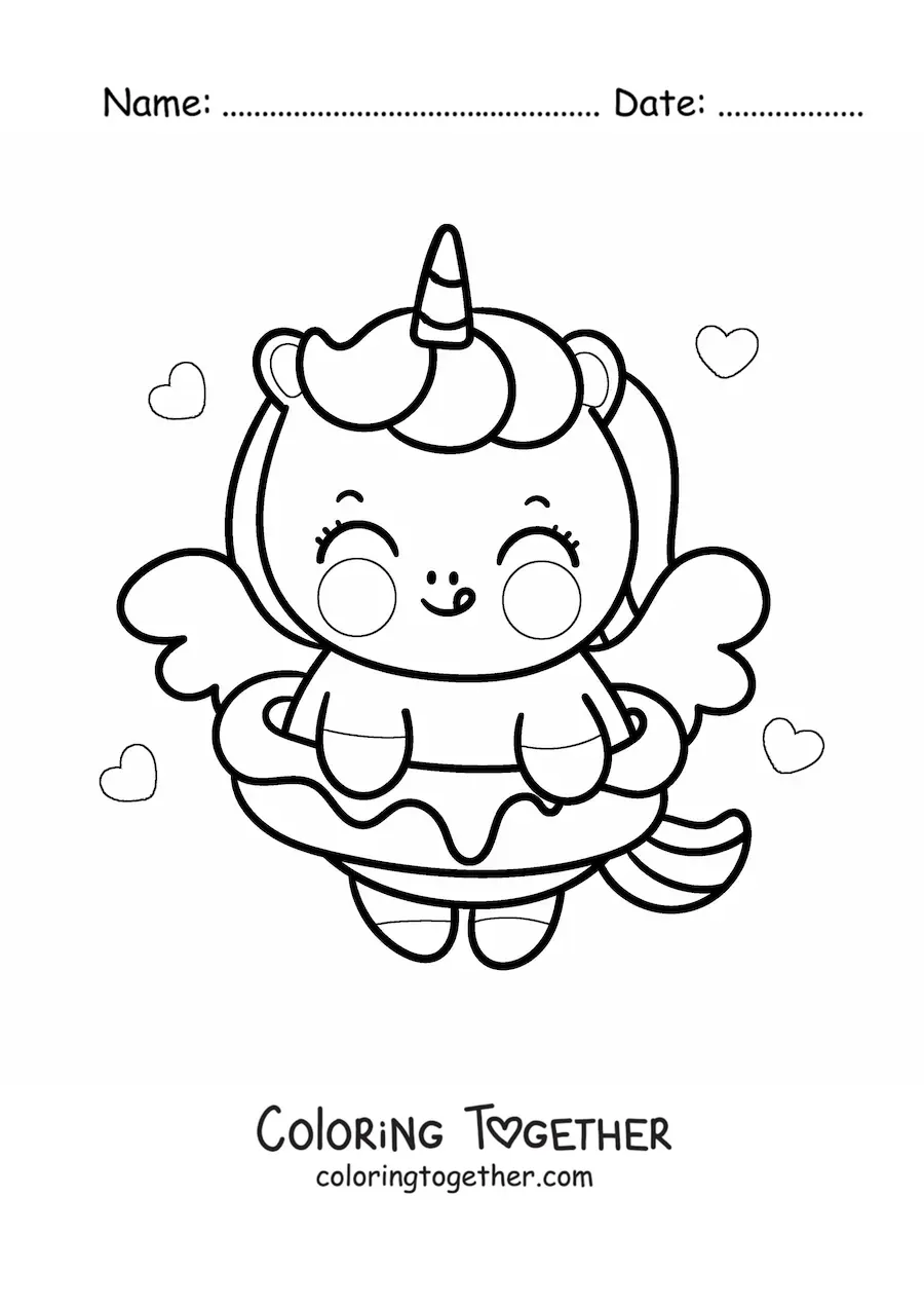Coloring page of a kawaii cartoon unicorn with a donut