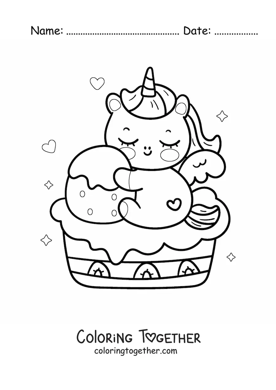 Coloring page of a kawaii cartoon unicorn sitting on a strawberry cake