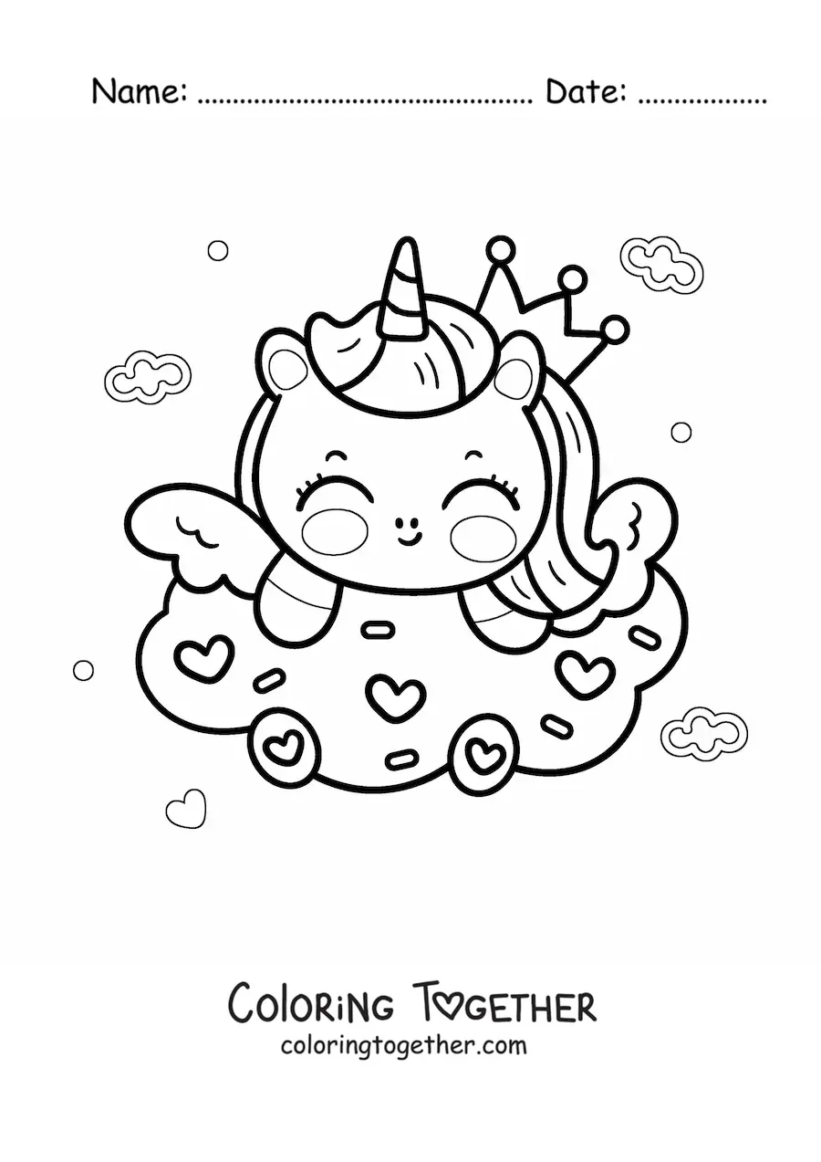 Coloring page of a kawaii cartoon unicorn with a cookie