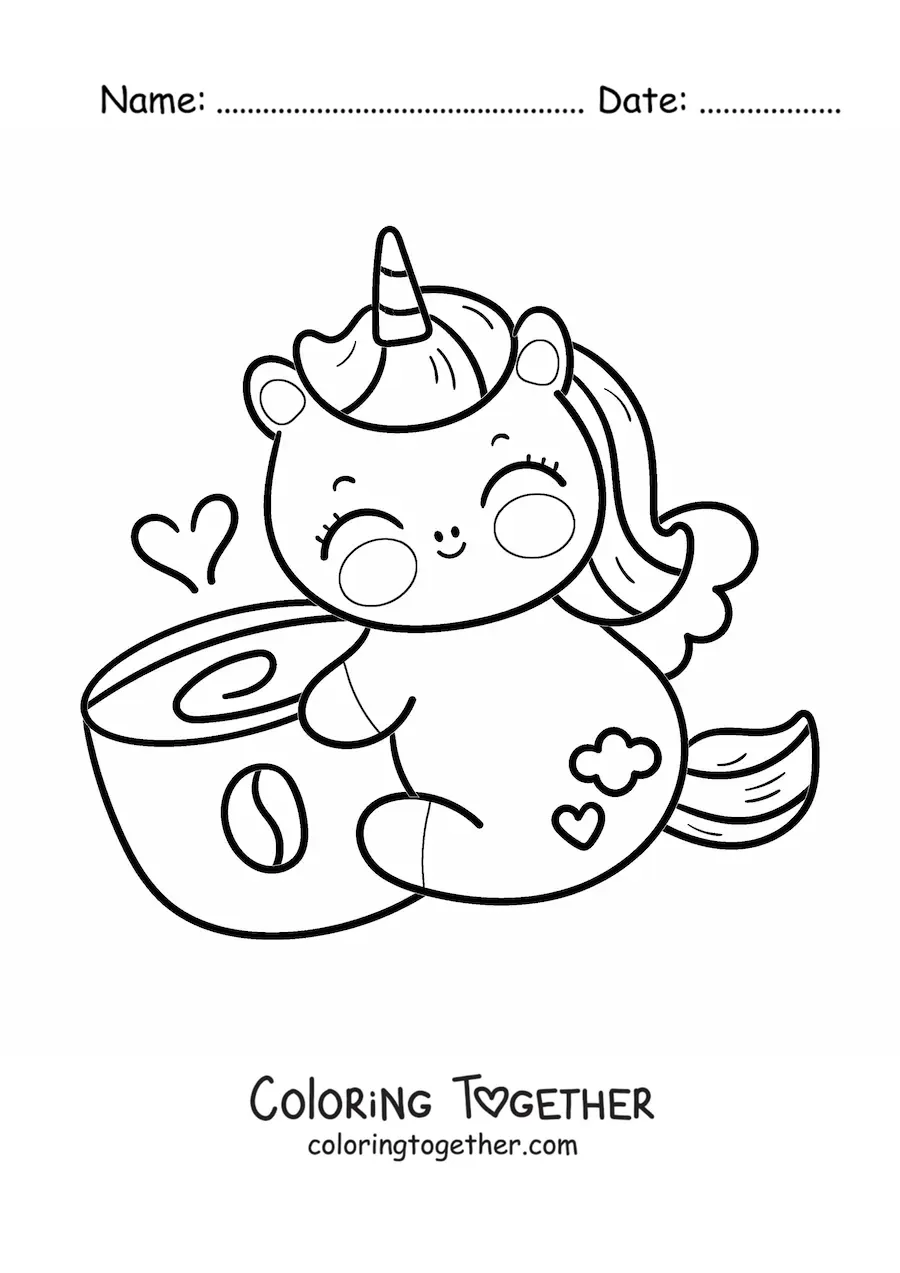 Coloring page of a kawaii cartoon unicorn with a cup of coffee