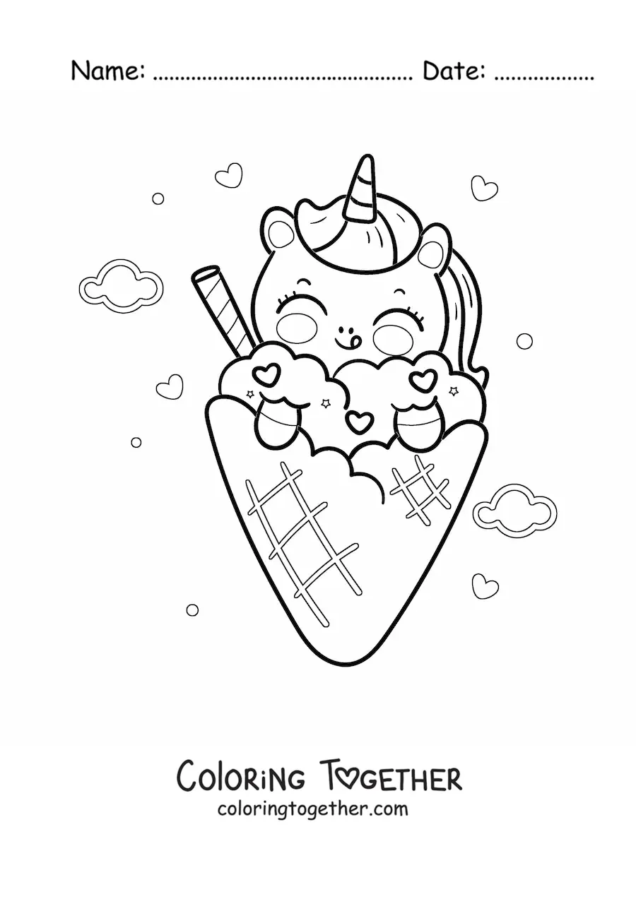 Coloring page of a kawaii cartoon unicorn with an ice cream cone