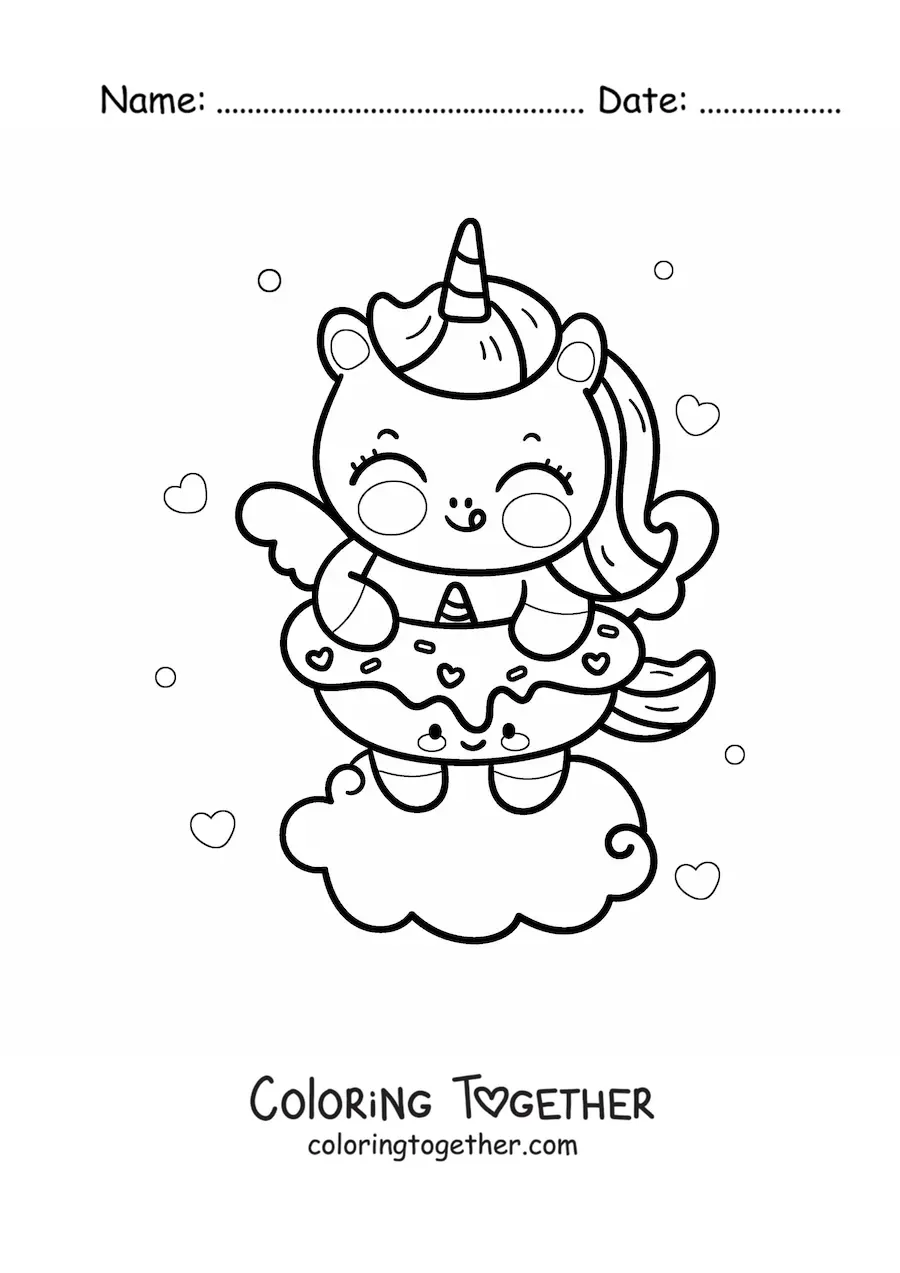Coloring page of a kawaii unicorn with a unicorn donut