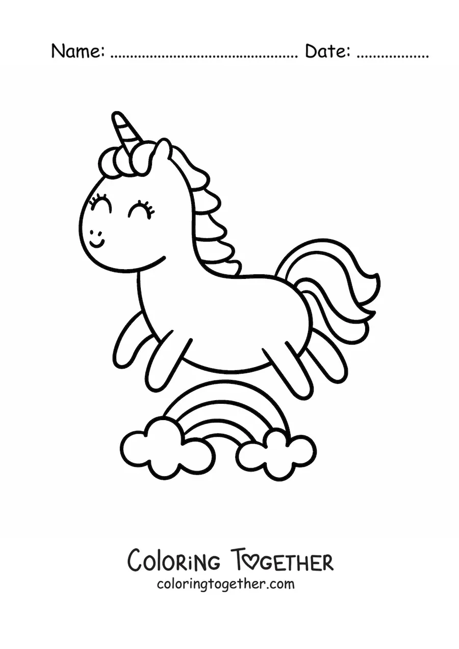 Coloring page of a kawaii cartoon unicorn jumping over a rainbow