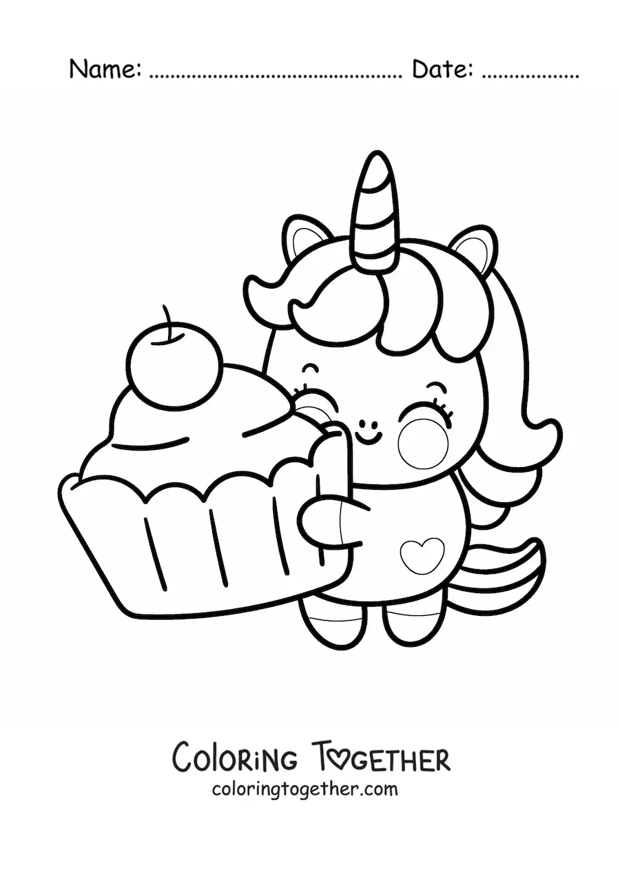 Coloring page of a kawaii cartoon unicorn with a giant cupcake