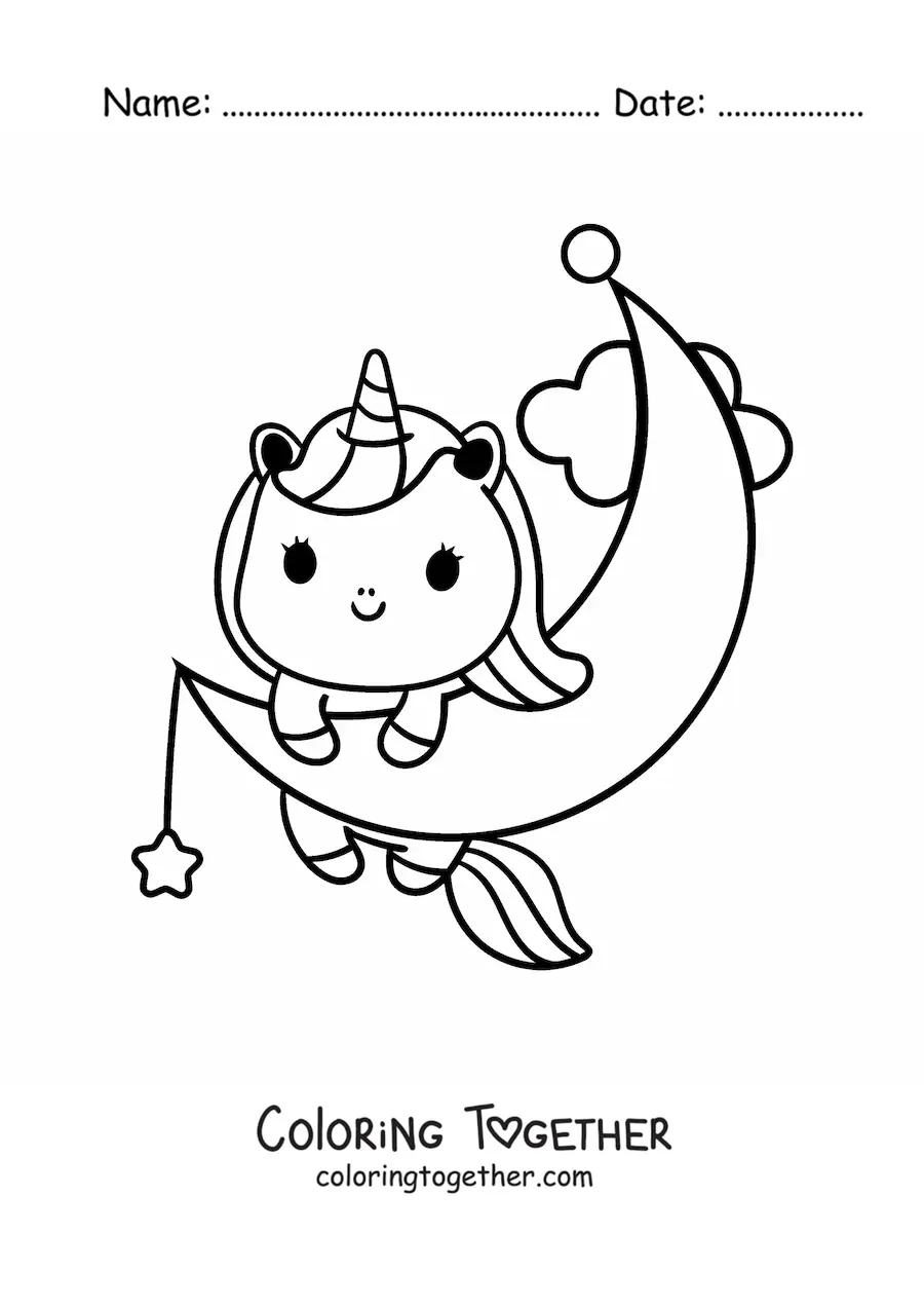Coloring page of a kawaii cartoon unicorn on the moon