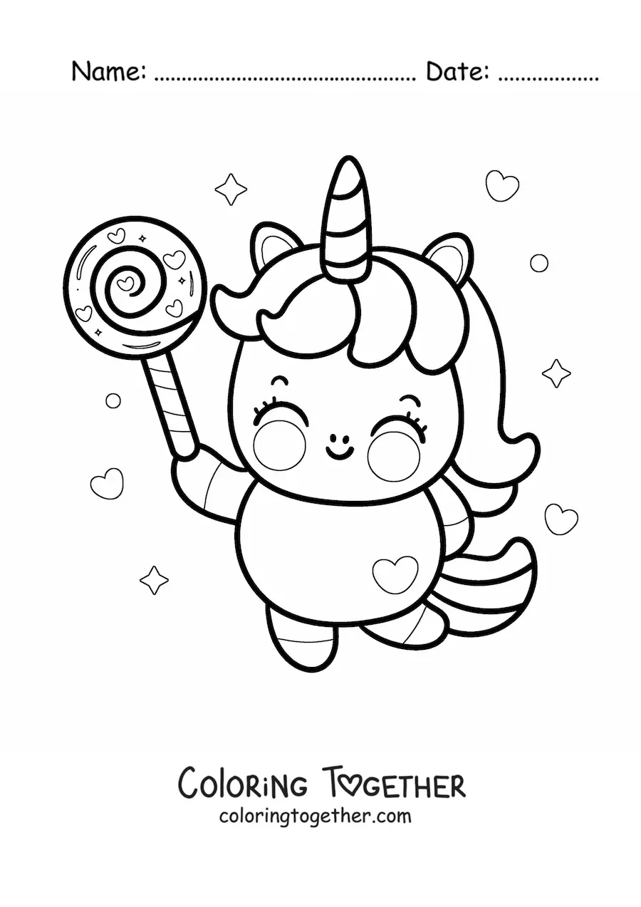 Coloring page of a kawaii cartoon unicorn with a lollipop