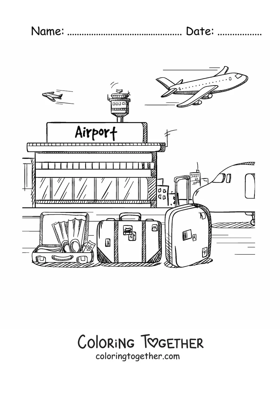 Coloring page of an airport with suitcases and a plane flying