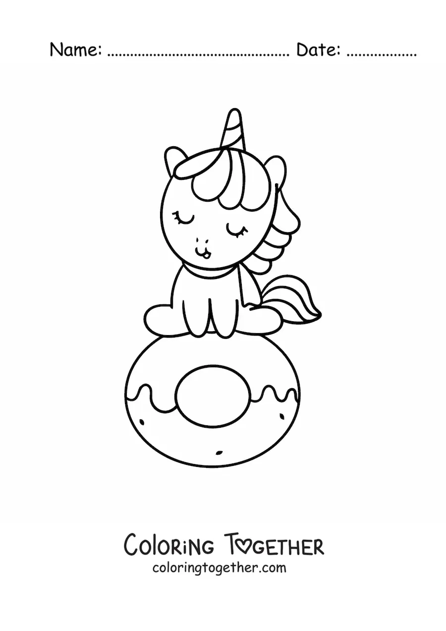 Coloring page of a kawaii cartoon unicorn sitting on a donut