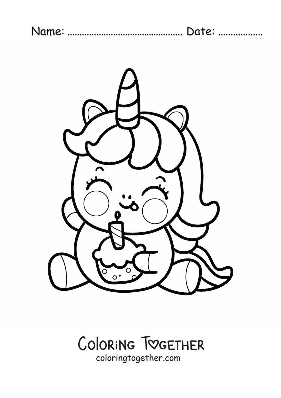 Coloring page of a cute cartoon unicorn with a birthday cupcake