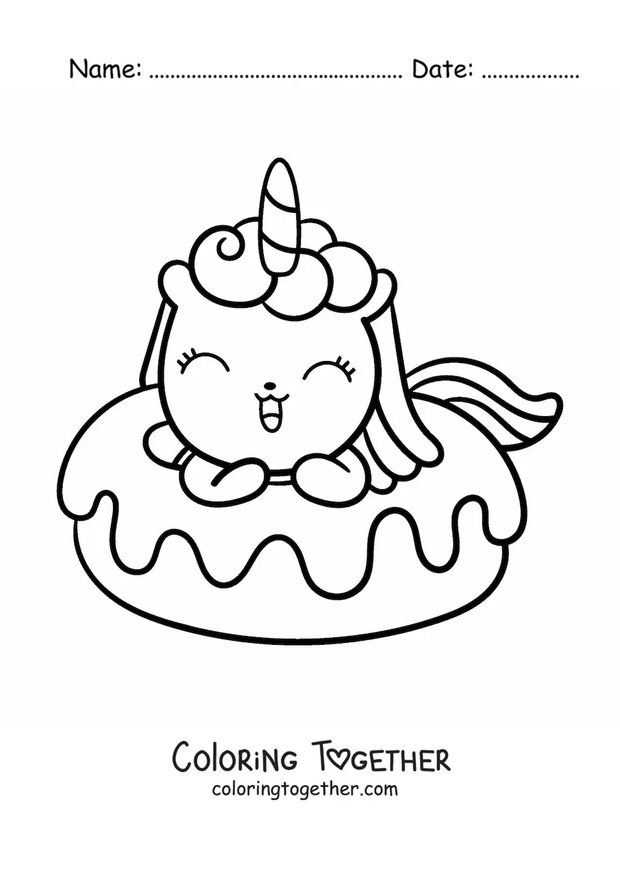 Coloring page of a cute cartoon unicorn inside a giant donut