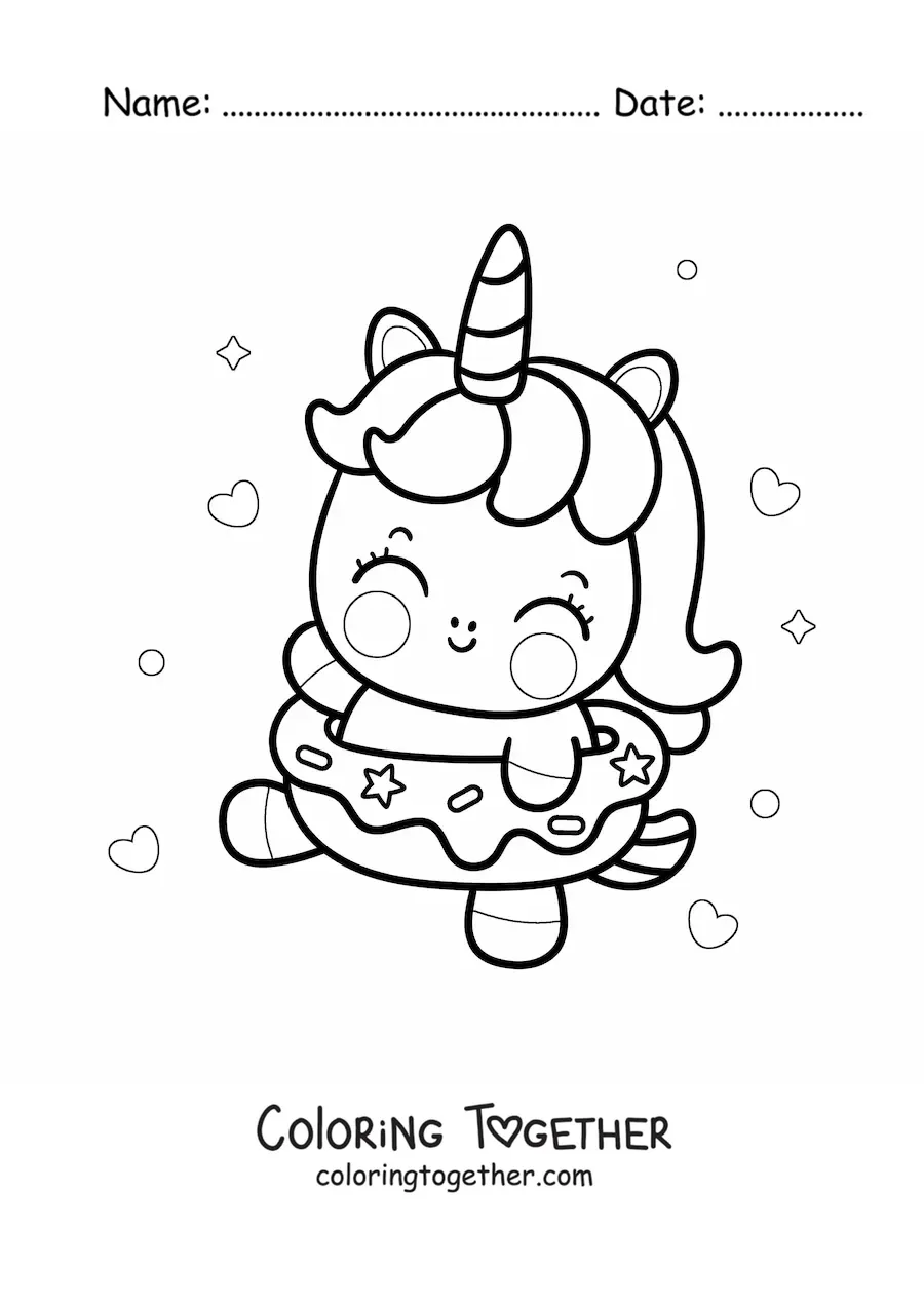 Coloring page of a cute cartoon unicorn inside a donut