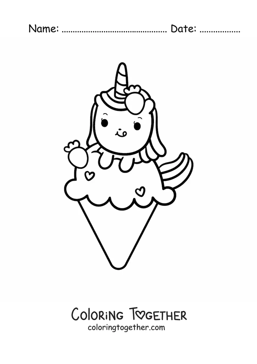 Coloring page of a cute cartoon unicorn on a giant ice cream