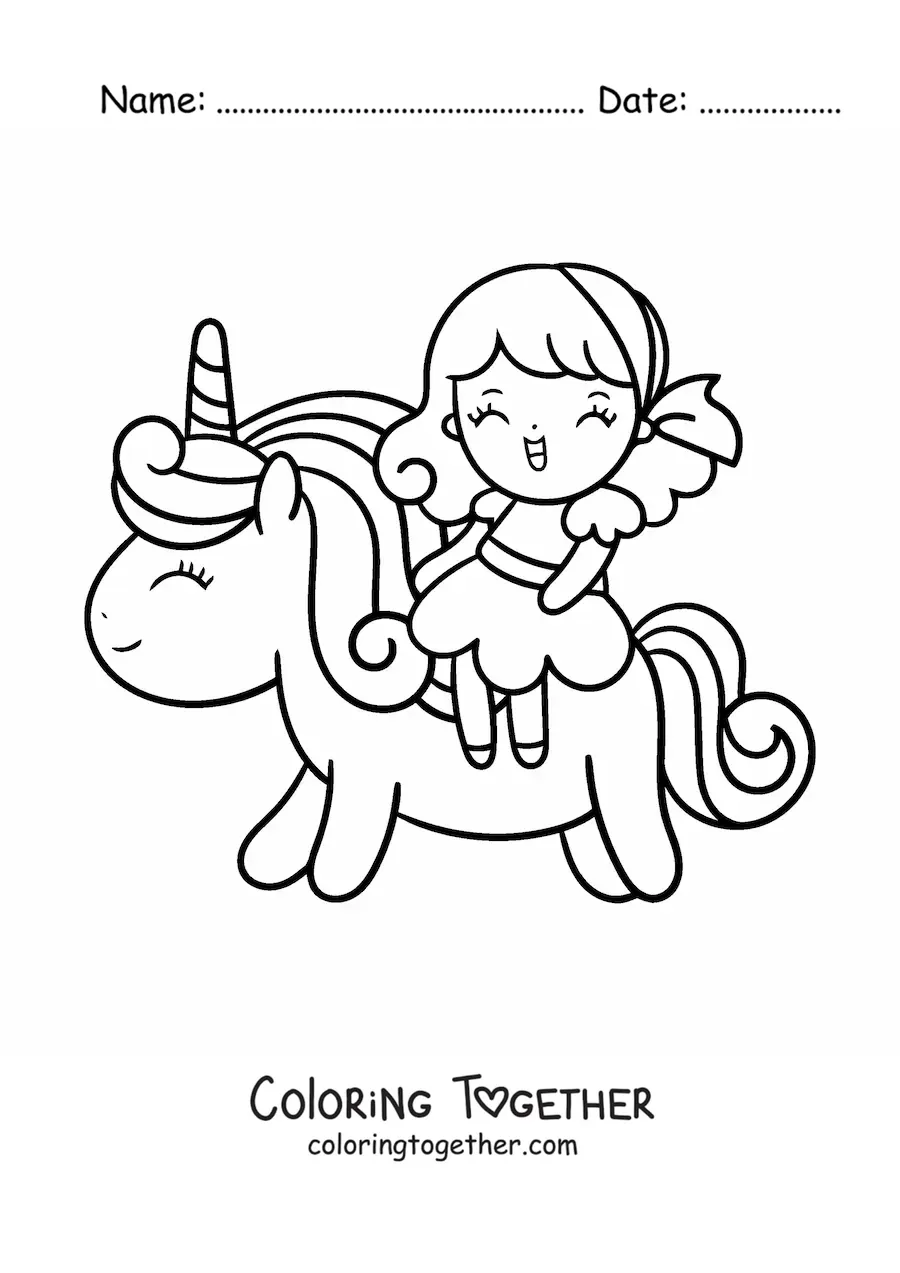 Coloring page of a kawaii girl riding a cute cartoon unicorn