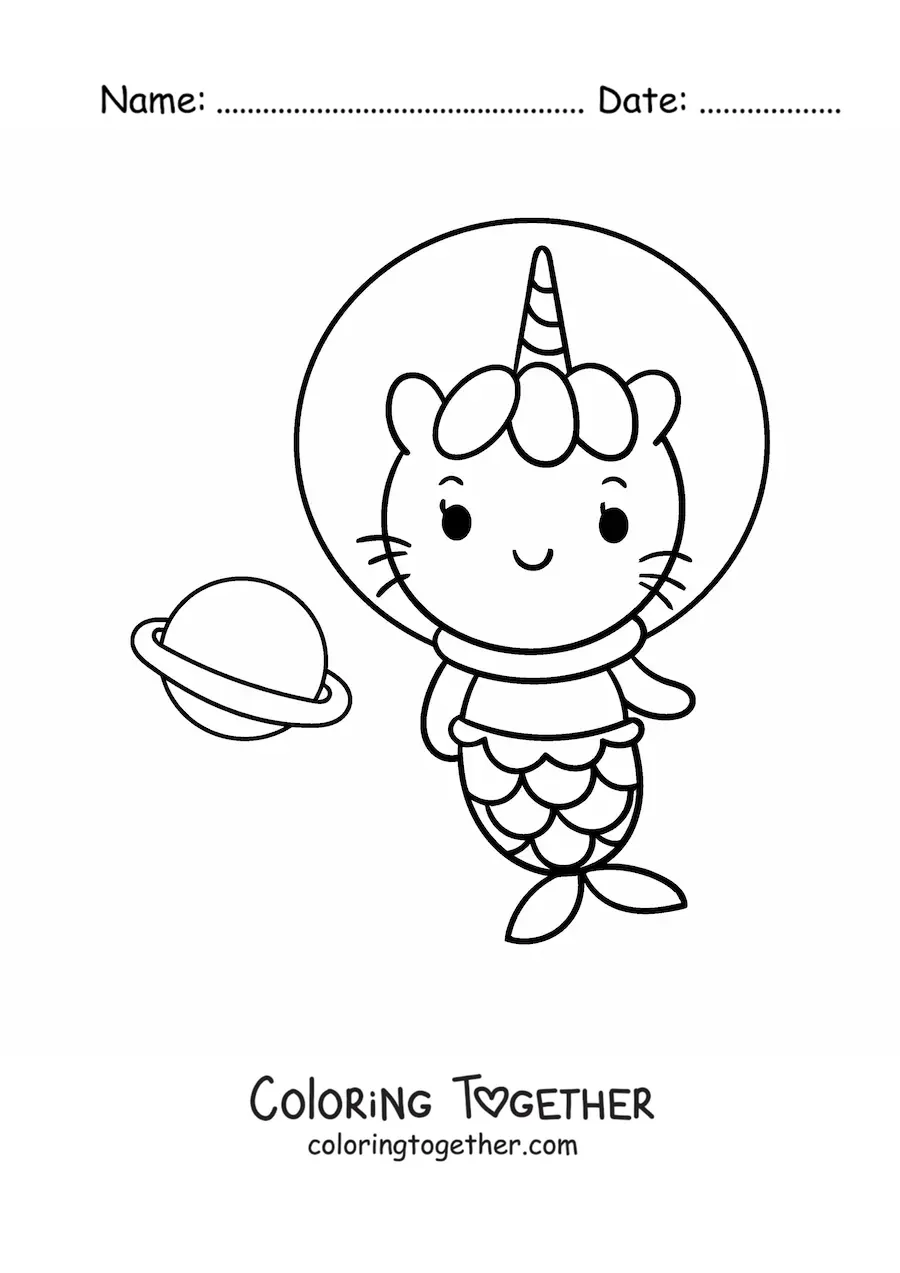 Coloring page of an astronaut mermaid caticorn
