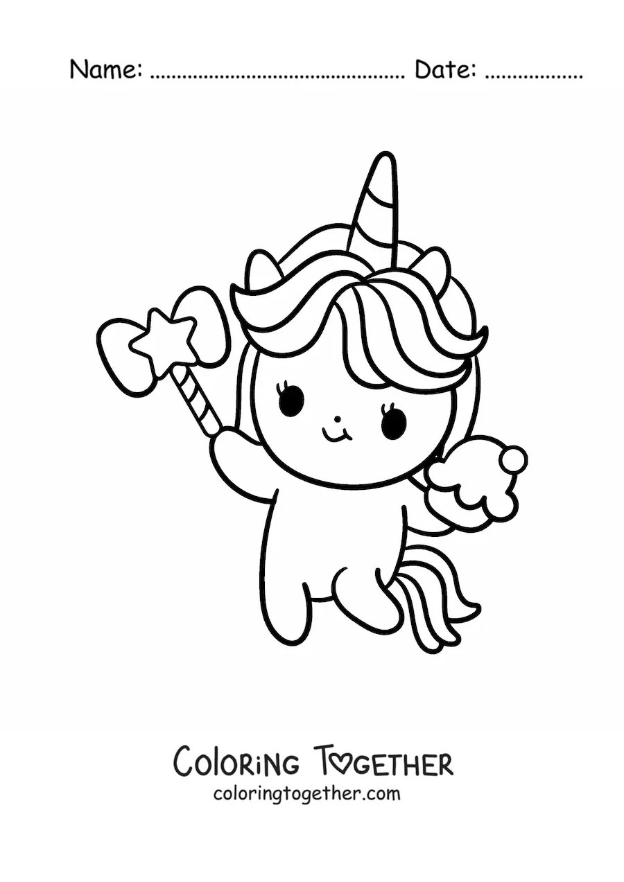 Coloring page of a cute cartoon unicorn with a cupcake and a wand