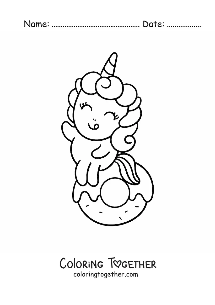 Coloring page of a cute cartoon unicorn in a big donut