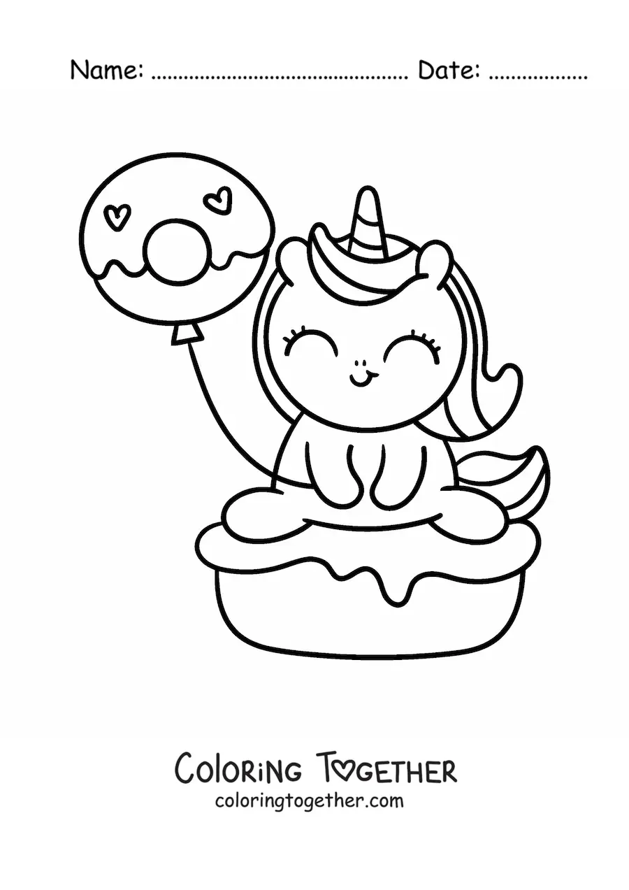 Coloring page of a cute cartoon unicorn on a cake with a donut balloon