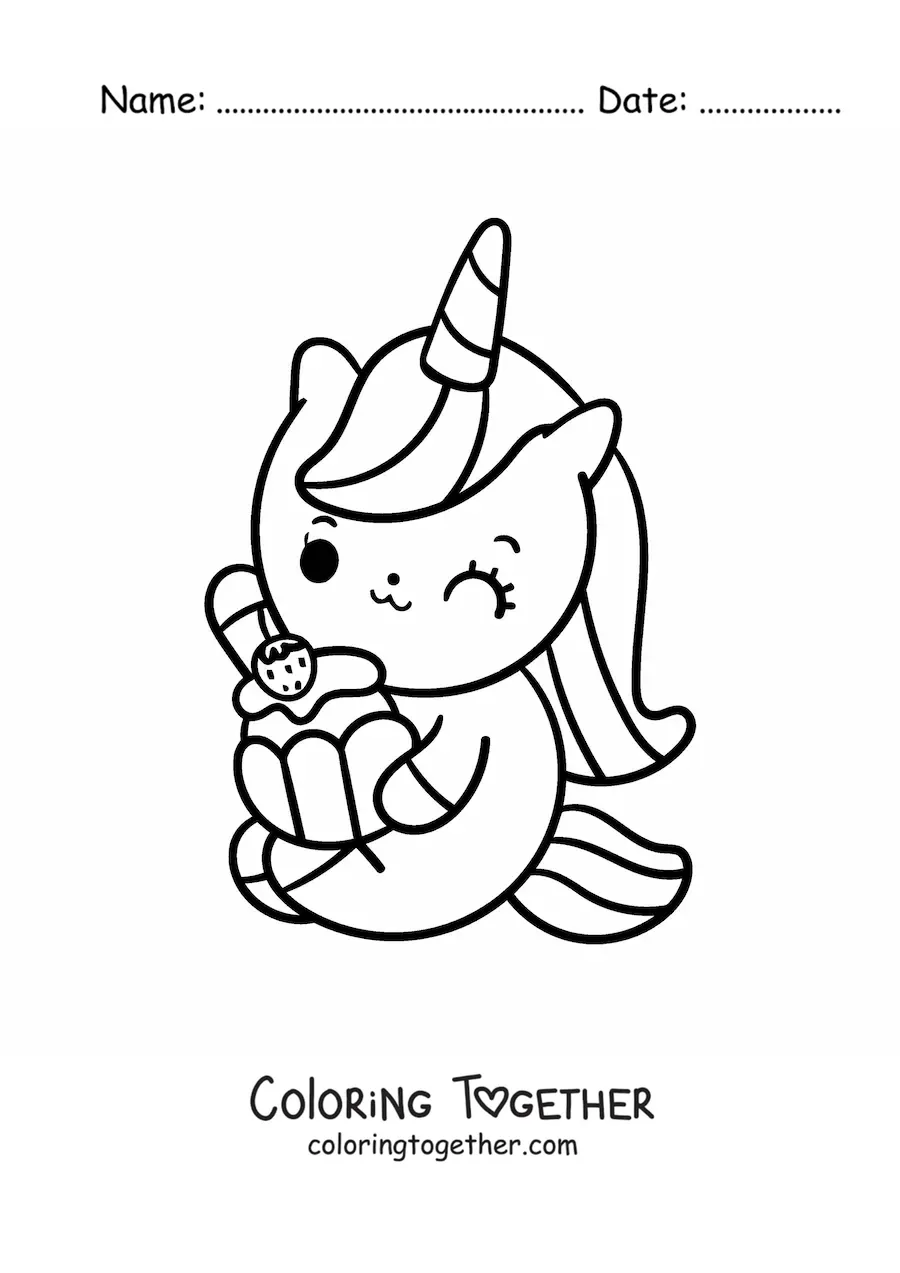 Coloring page of a cute cartoon unicorn sitting and eating a cupcake