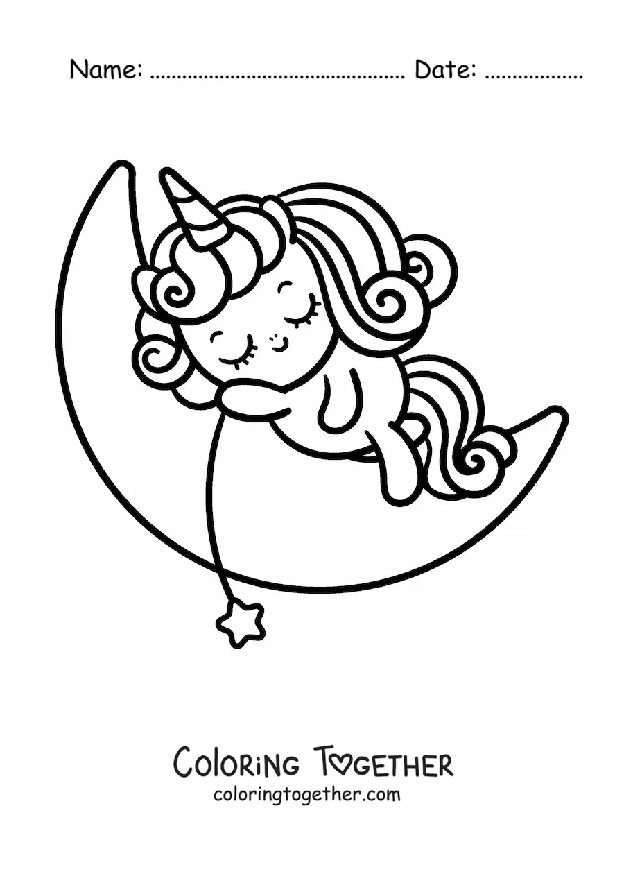 Coloring page of a cute cartoon unicorn sleeping on the moon