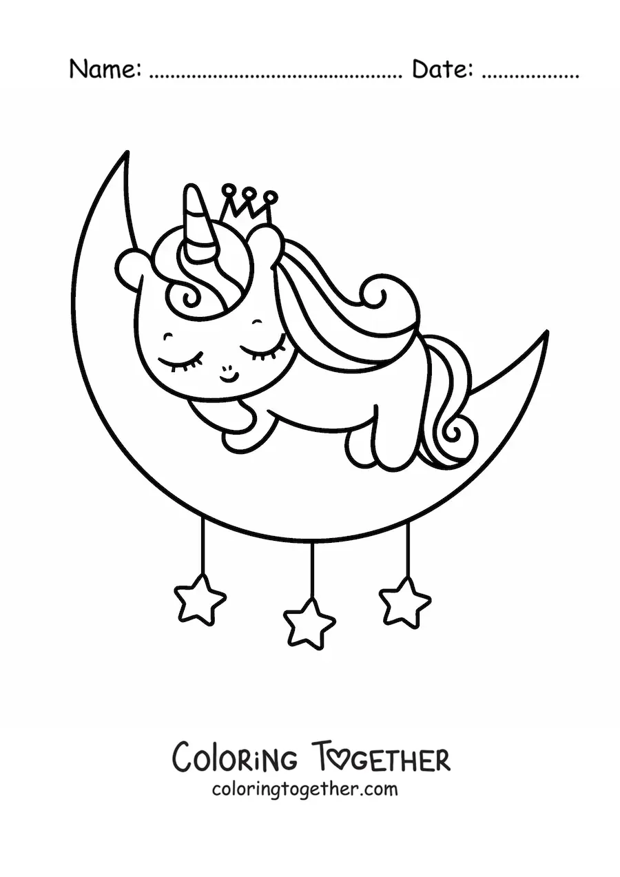 Coloring page of a kawaii baby unicorn sleeping on the moon