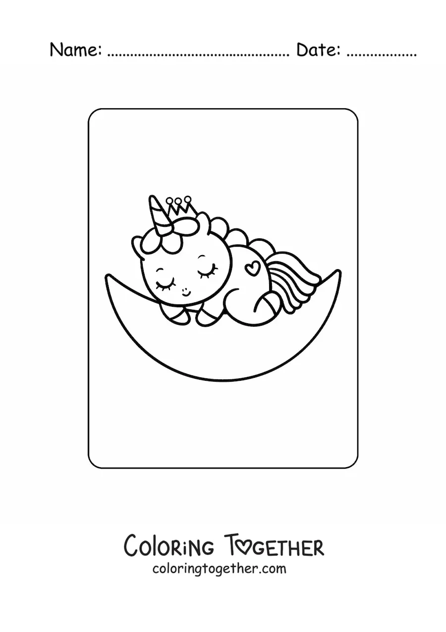 Coloring page of an easy kawaii baby unicorn sleeping on the moon