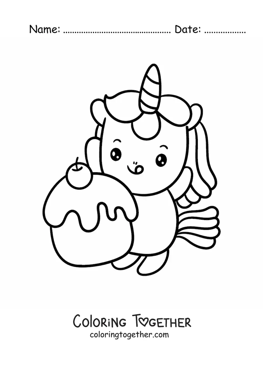 Coloring page of an easy kawaii unicorn with a big cupcake