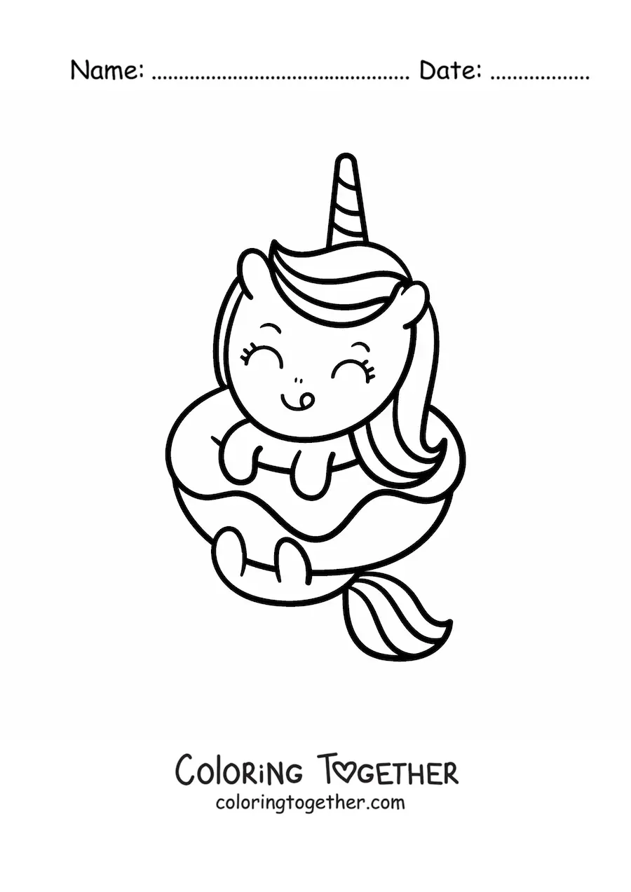 Coloring page of a baby unicorn inside a donut