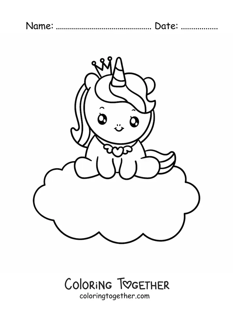 Coloring page of a unicorn princess on a cloud