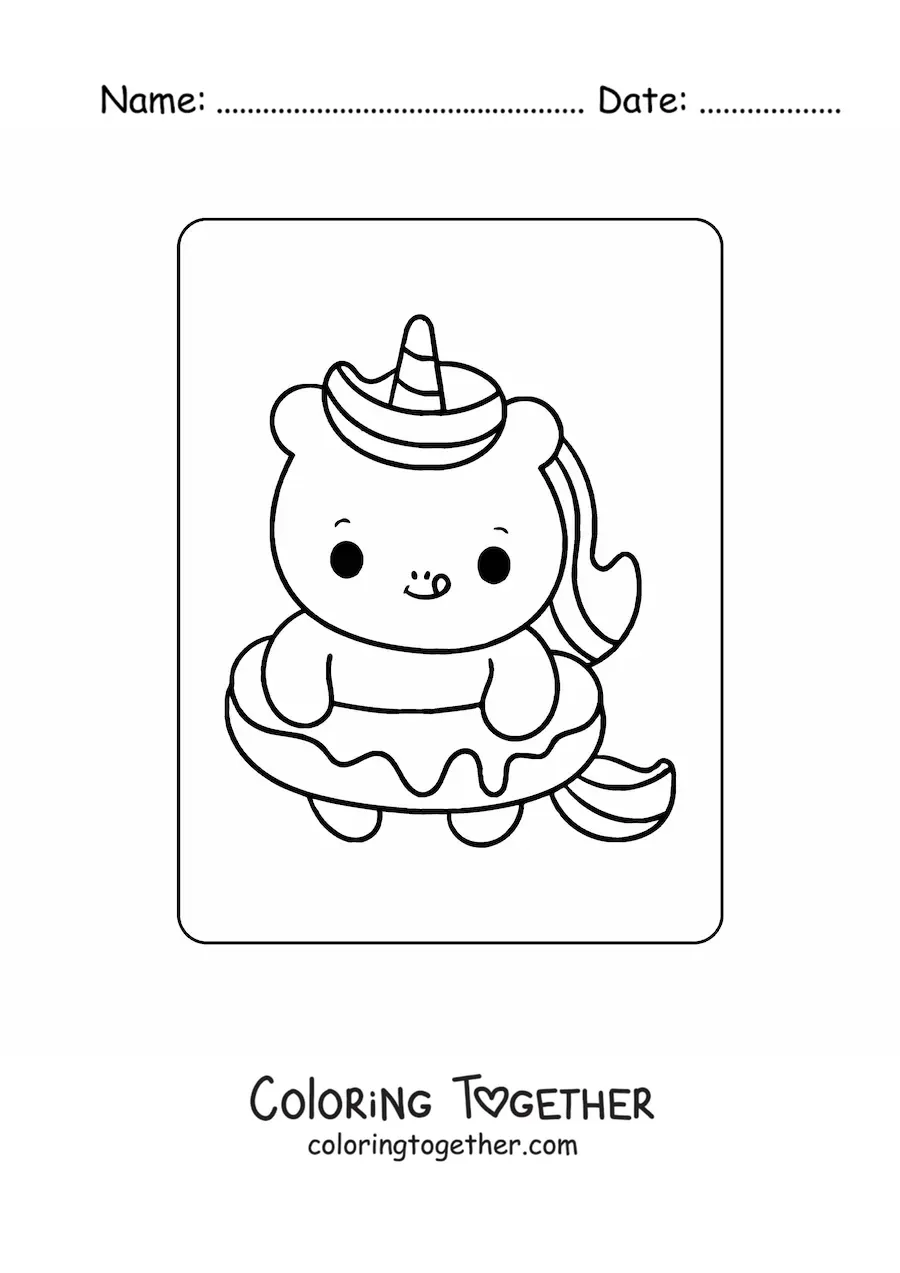 Coloring page of an easy baby unicorn with a giant donut