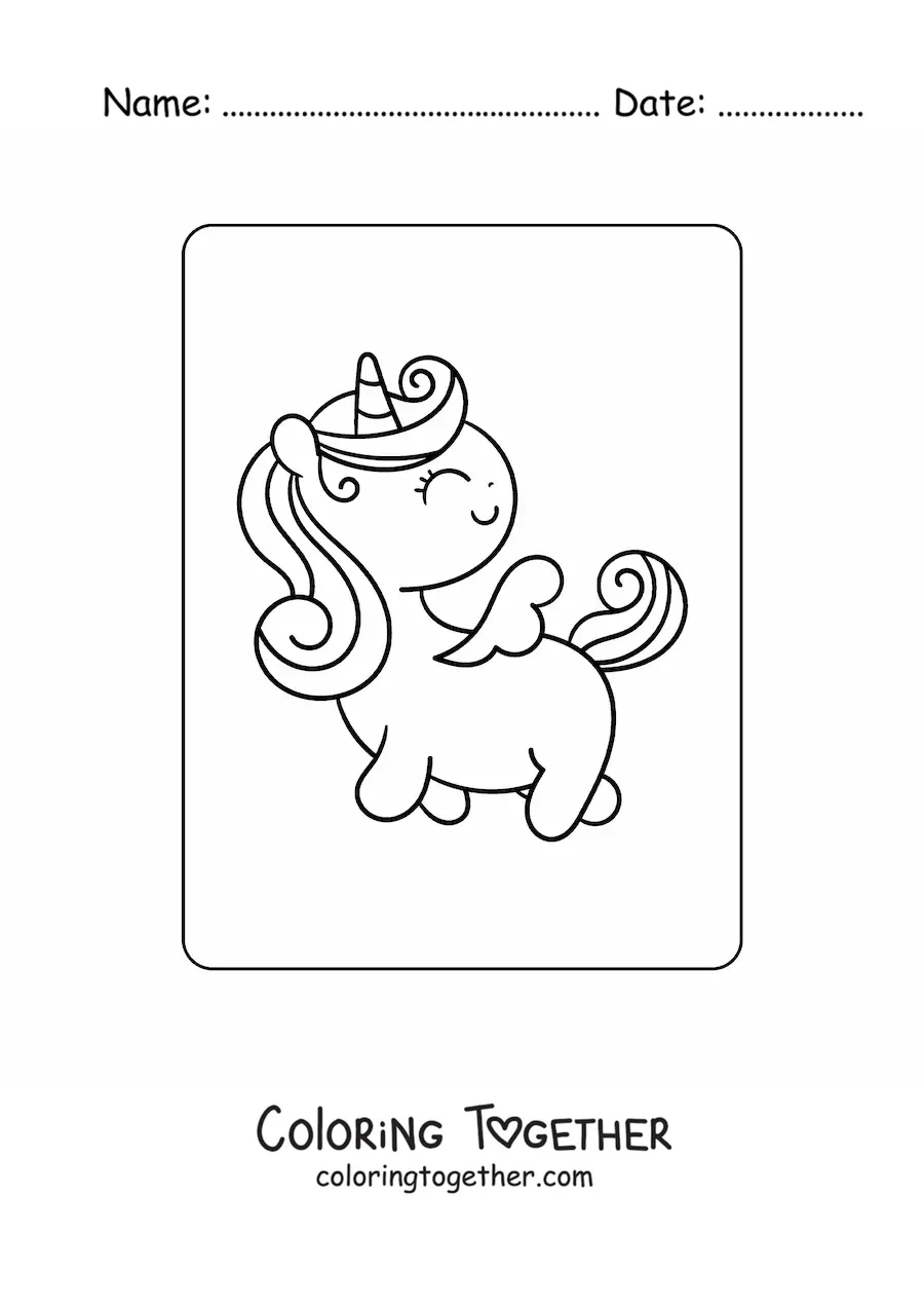 Coloring page of a cute cartoon unicorn walking