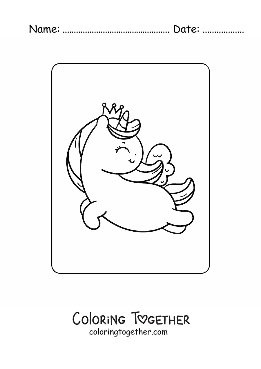 Coloring page of a unicorn princess flying