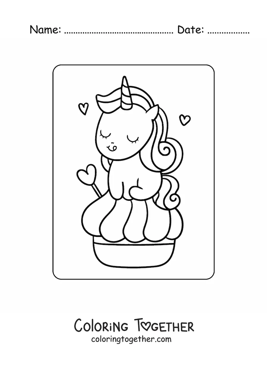 Coloring page of a kawaii unicorn with a giant candy