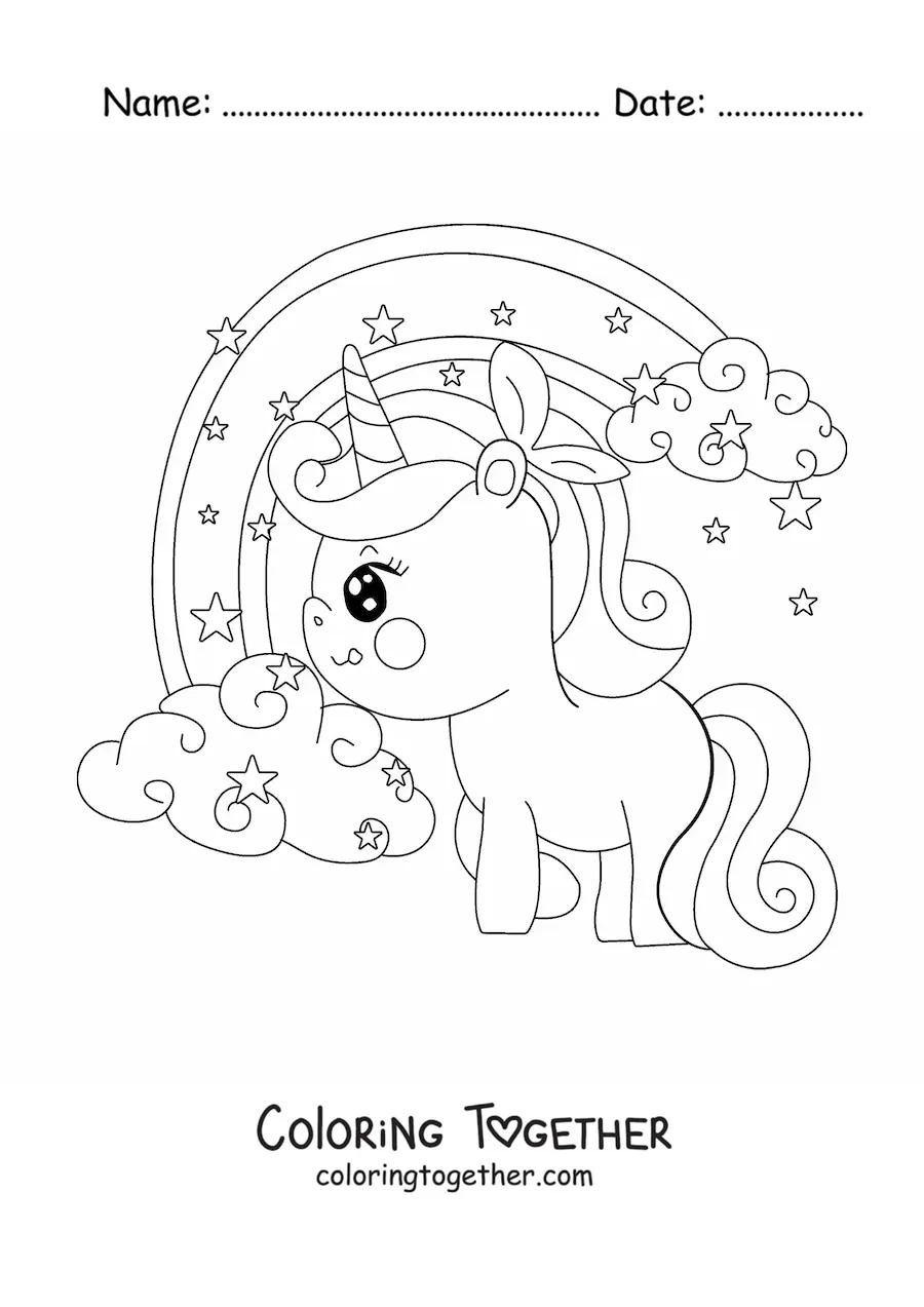 Coloring page of a kawaii unicorn with big eyes next to a rainbow