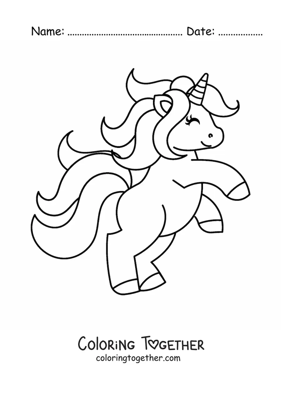 Coloring page of a kawaii unicorn standing on two legs