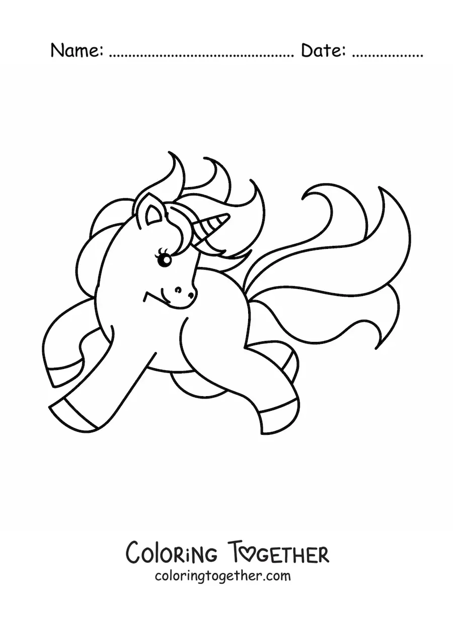 Coloring page of a galloping kawaii unicorn