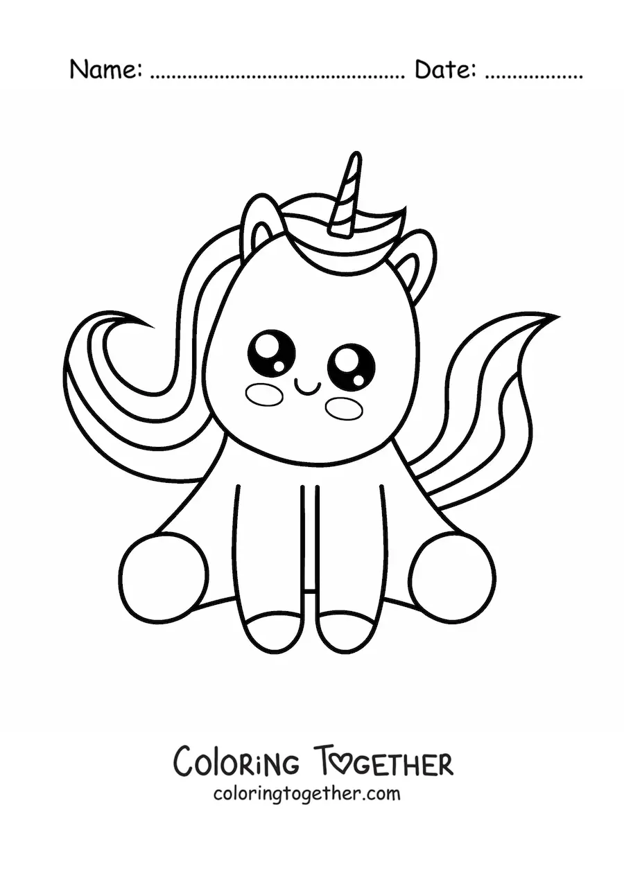 Coloring page of an easy kawaii unicorn sitting down
