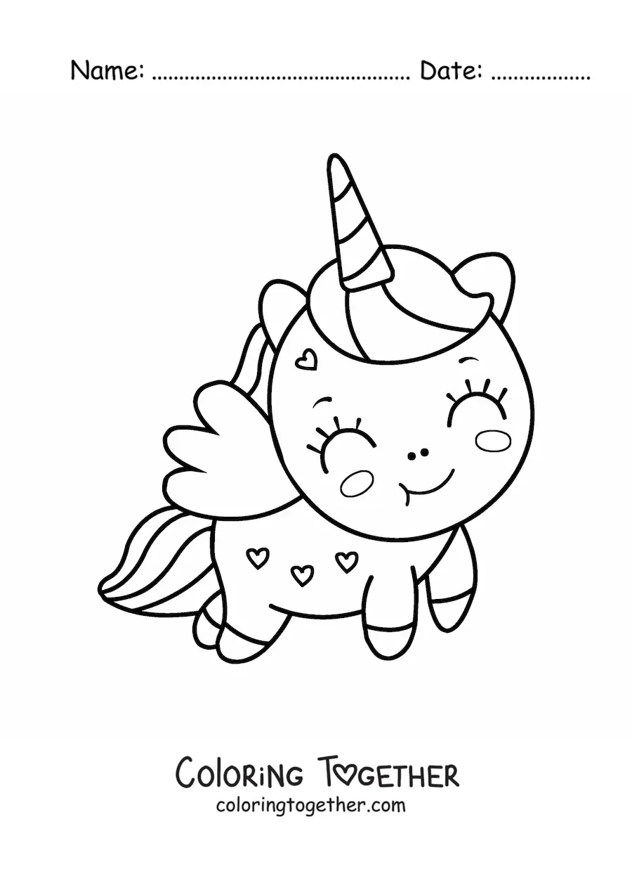 Coloring page of an easy kawaii unicorn with wings