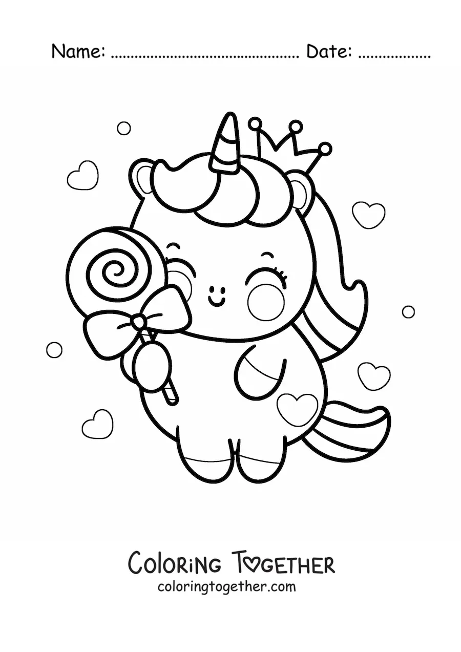Coloring page of a kawaii unicorn with a candy and hearts