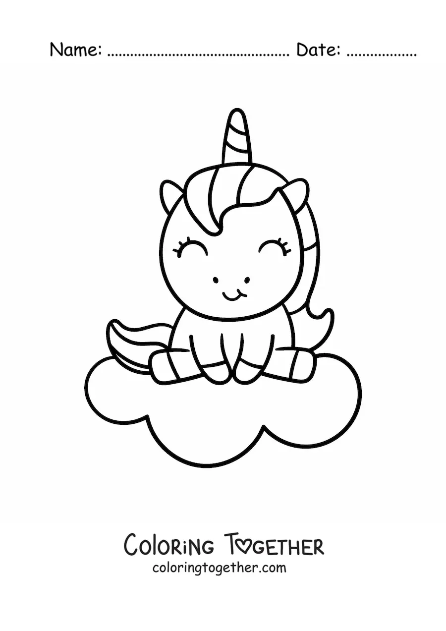 Coloring page of a kawaii unicorn sitting on a cloud