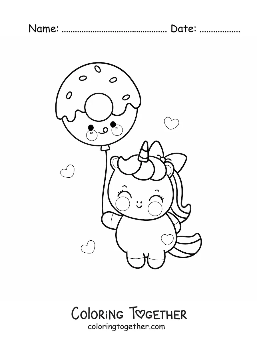Coloring page of a kawaii unicorn with a donut balloon
