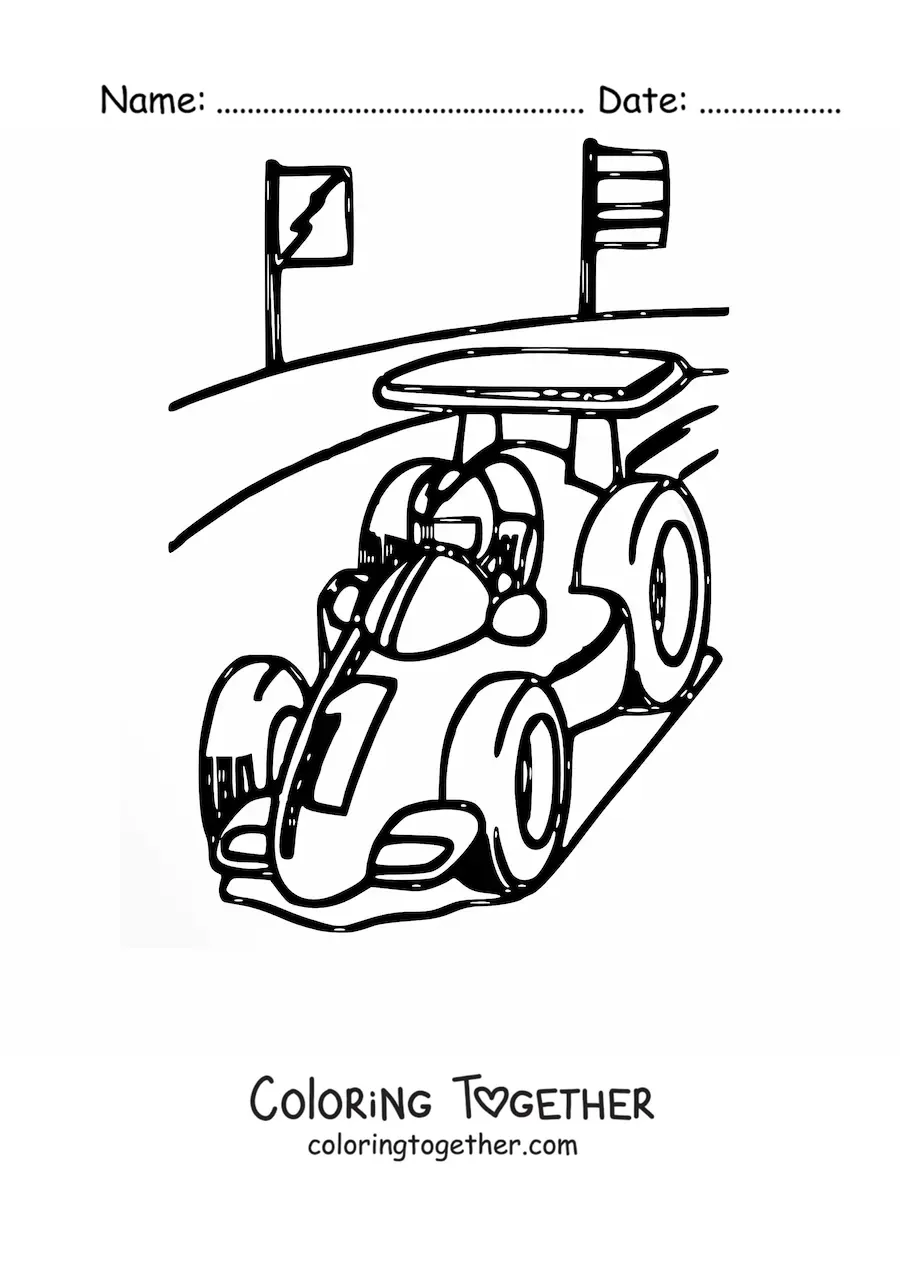 Coloring page of a Formula 1 car on the racetrack
